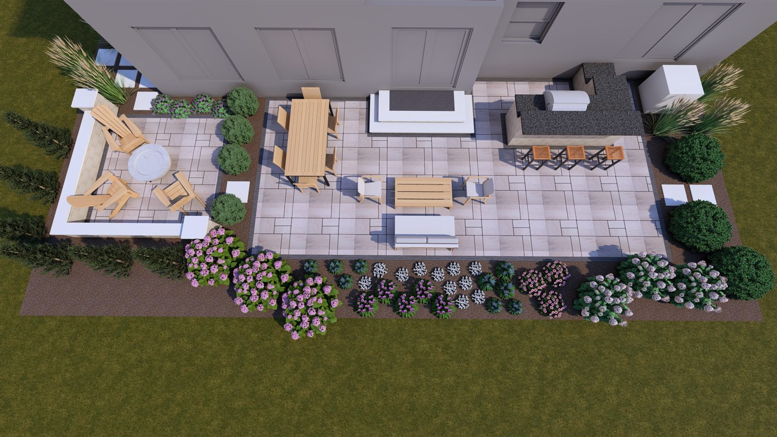 Professional landscape design rendering of a backyard